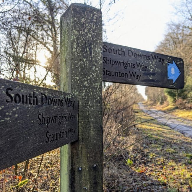 Trail crossroads - Shipwrights Way, South Downs Way & Staunton Way